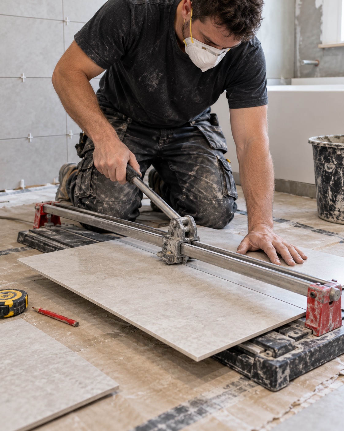 A tiler measuring and cutting a porcelain tile with a manual tile cutter