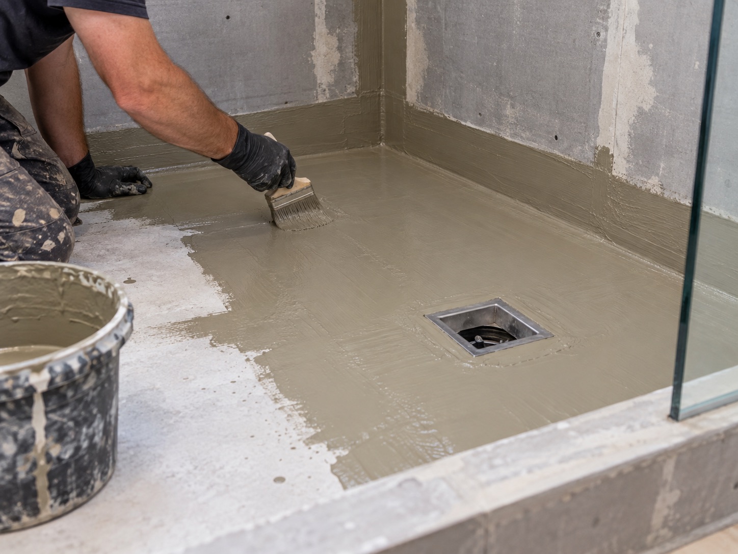 A bathroom floor being prepared with waterproofing membrane before tiling